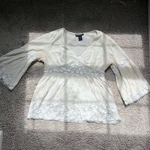 White Boston Proper Silk blouse with mesh design.